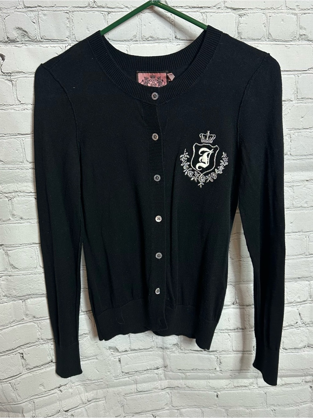 Juicy Couture Black Button-Up Cardigan with Embroidered Crest